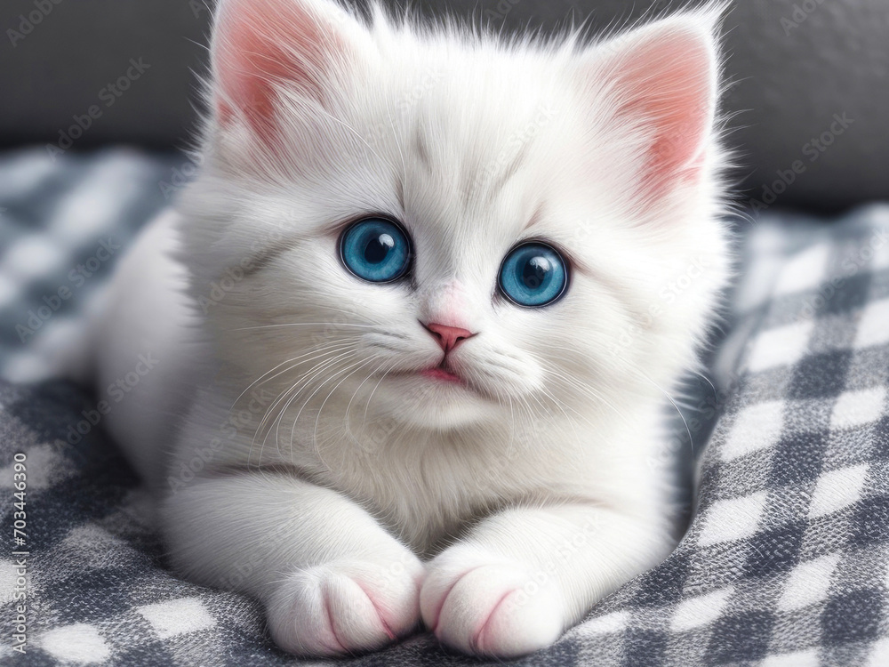Little white kitten with blue eyes. Small cute cat in plaid