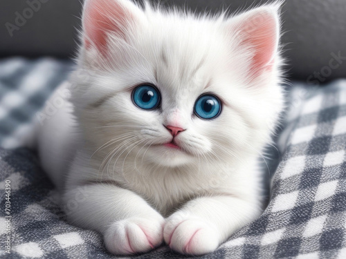 Little white kitten with blue eyes. Small cute cat in plaid