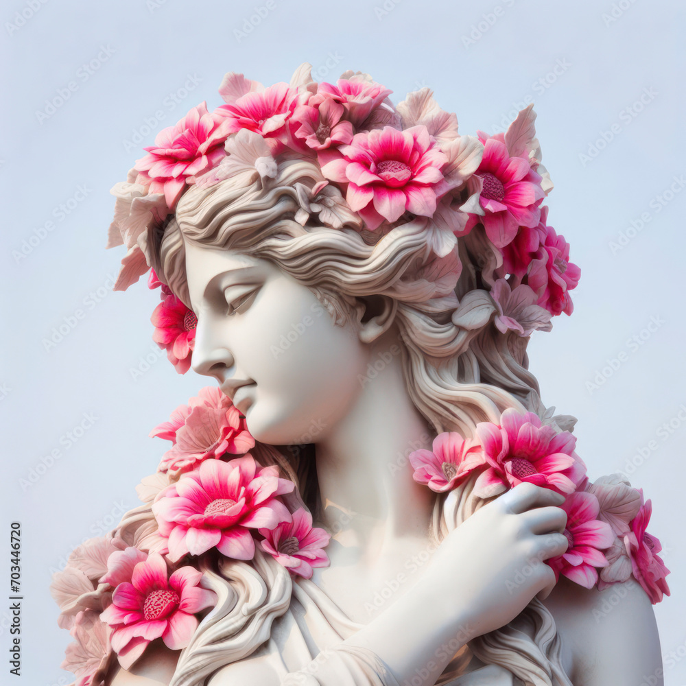 a beautiful statue of a woman with pink flowers