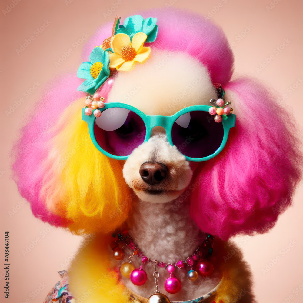 adorable poodle wearing sunglasses with vibrant colored frames and yellow, pink hair. ai generative