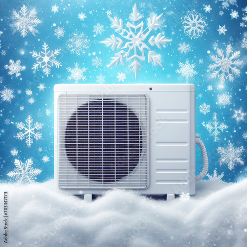Air Conditioner and Snowflakes on snow and blue background. ai generative
