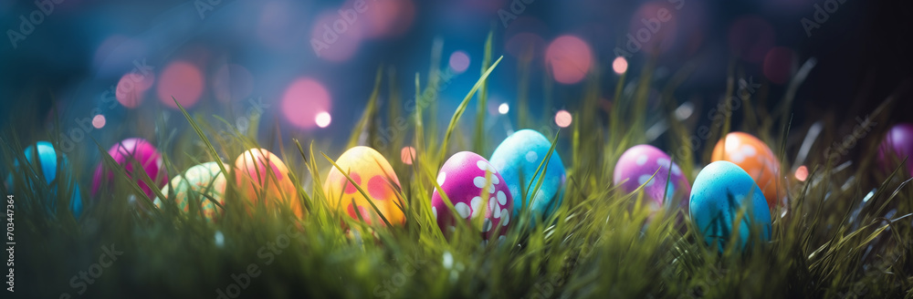 Fototapeta Colorful easter eggs in a flowery meadow with bokeh effect, banner