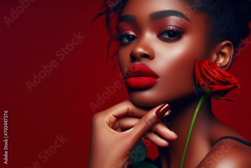 Beautiful young woman with red lips holding a red rose on red background. ai generative