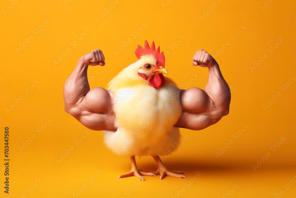 Chicken with pumped up arms on yellow background. ai generative Chicken with pumped up arms on yellow background. ai generative