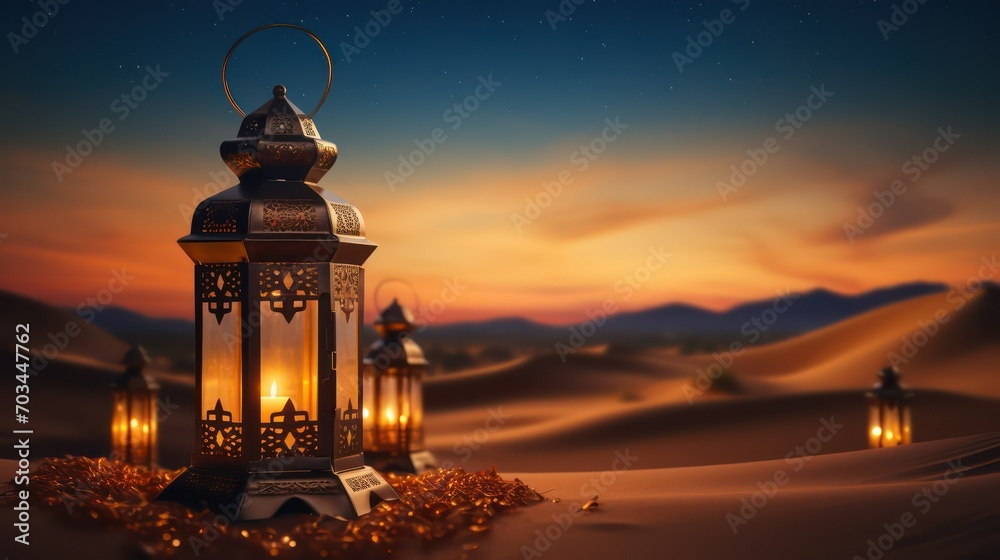 Fototapeta premium Lantern in the desert. Ramadan Kareem greeting card