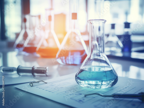 beakers and blue solution in laboratory, science laboratory research and development concept