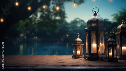 Arabic lanterns on the wooden table. Ramadan Kareem background