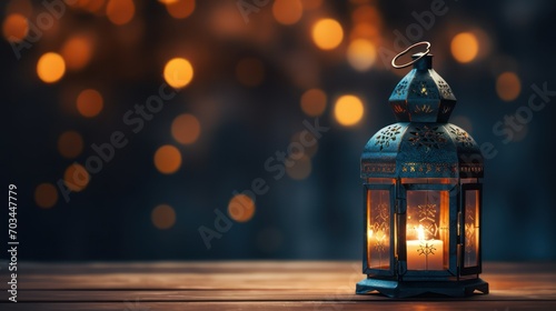 Lantern on wooden table with bokeh background. Ramadan Kareem