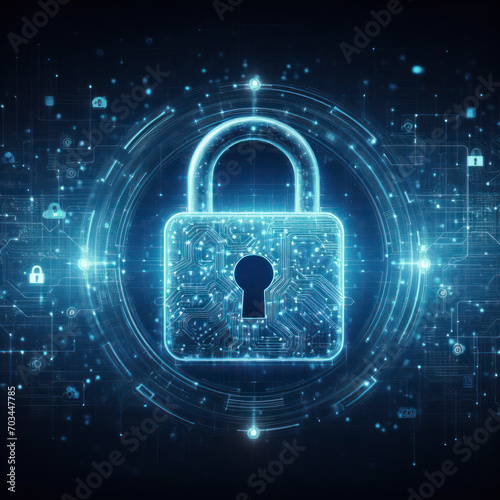 Digital padlock for computing system on blue background, cyber security technology for fraud prevention. ai generative