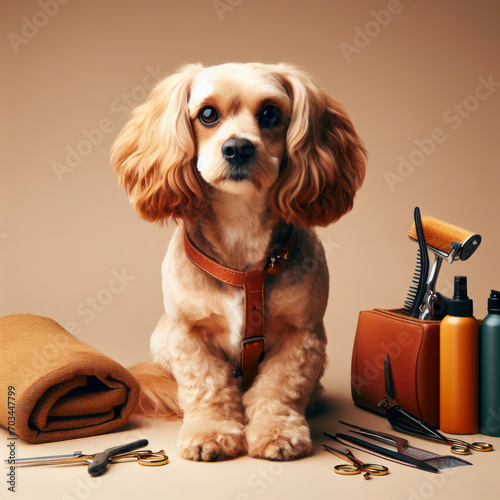 Dog sitting with grooming tools. ai generative photo