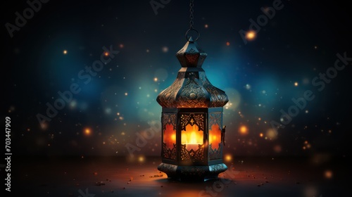 Ramadan Kareem greeting card. Arabic lantern on dark background
