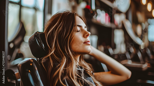 Stylish woman with flawless hair sitting in a beauty salon. photo
