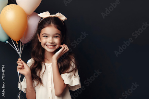 Happy little girl with helium balloons isolated on flat color Background with copy space. ai generative photo