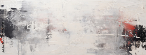 An abstract painting characterized by a chaotic yet harmonious blend of white, black, grey, and red brush strokes photo