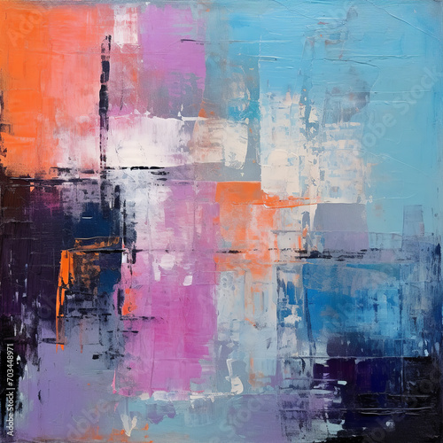 An abstract painting characterized by bold  contrasting colors and textured brush strokes