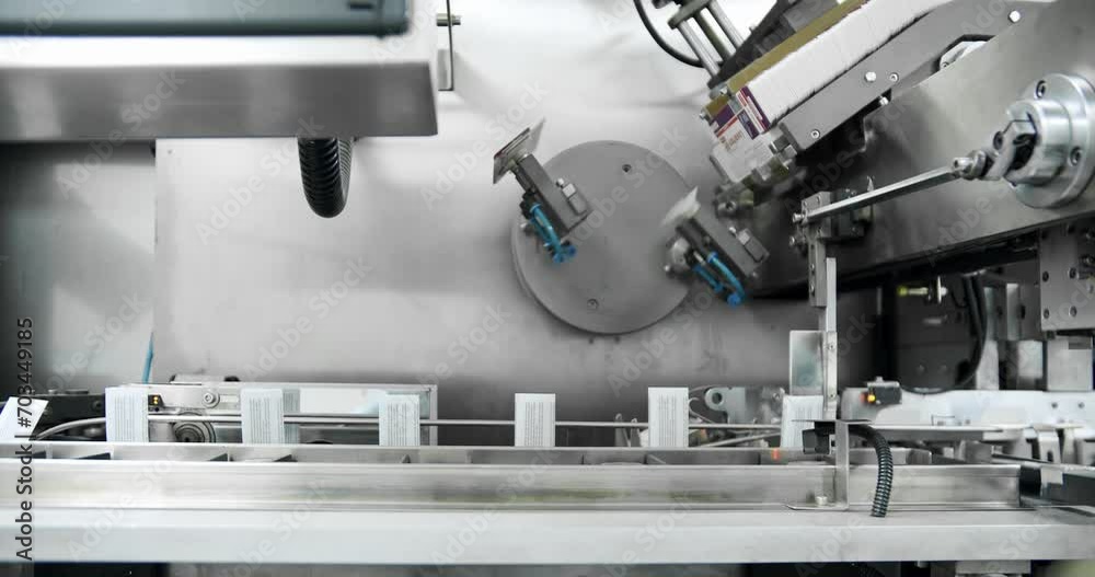 Manufacturing line at medical factory.Robotic arm put medicine package on conveyor belt.Packaged at automated production line. Packaging of drug. Medical factory assembly line packing medicine machine Manufacturing line at medical factory.Robotic arm put medicine package on conveyor belt.Packaged at automated production line. Packaging of drug. Medical factory assembly line packing medicine machine
