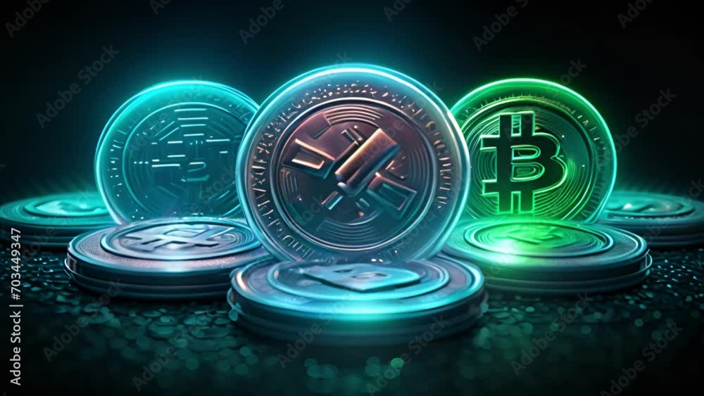 Cryptocurrency technology network neon laser light. Cryptocurrency digital currency concept. New virtual money exchange in blockchain. Bitcoin and altcoin in neon lights. flickering