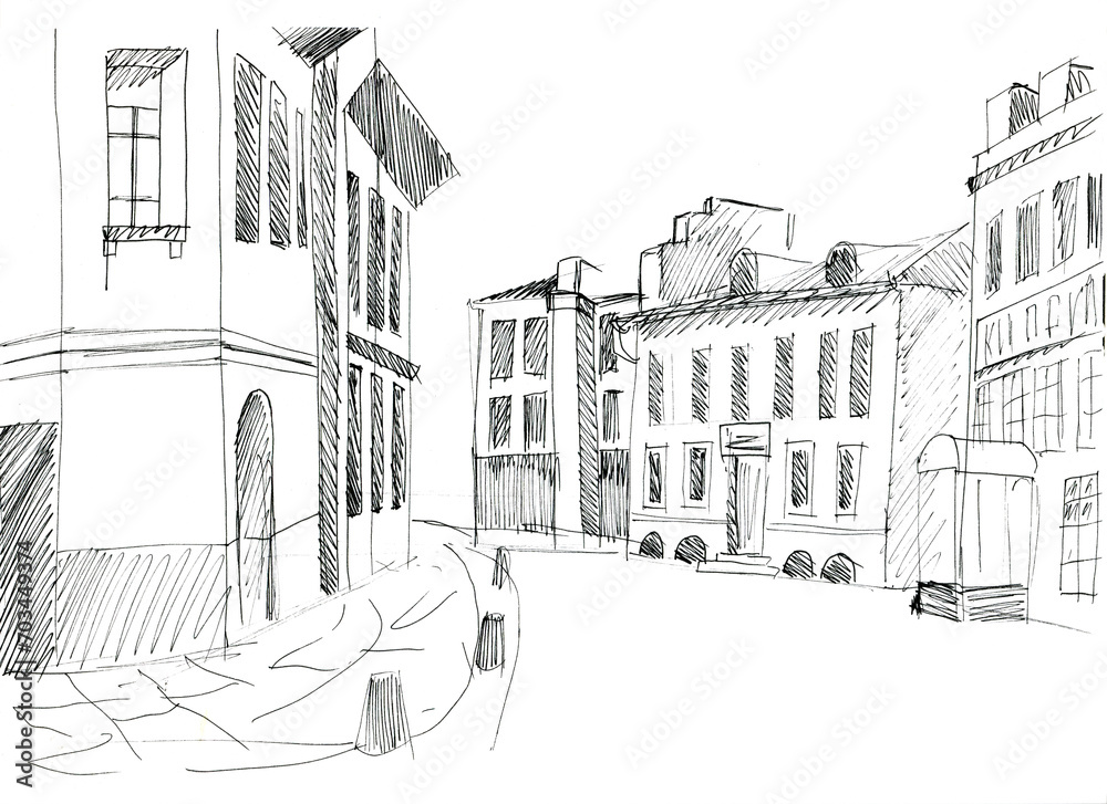 Sketch of a street in the old town. Black pen illustration, isolated on white background bridge Sketch of a street in the old town. Black pen illustration, isolated on white background bridge