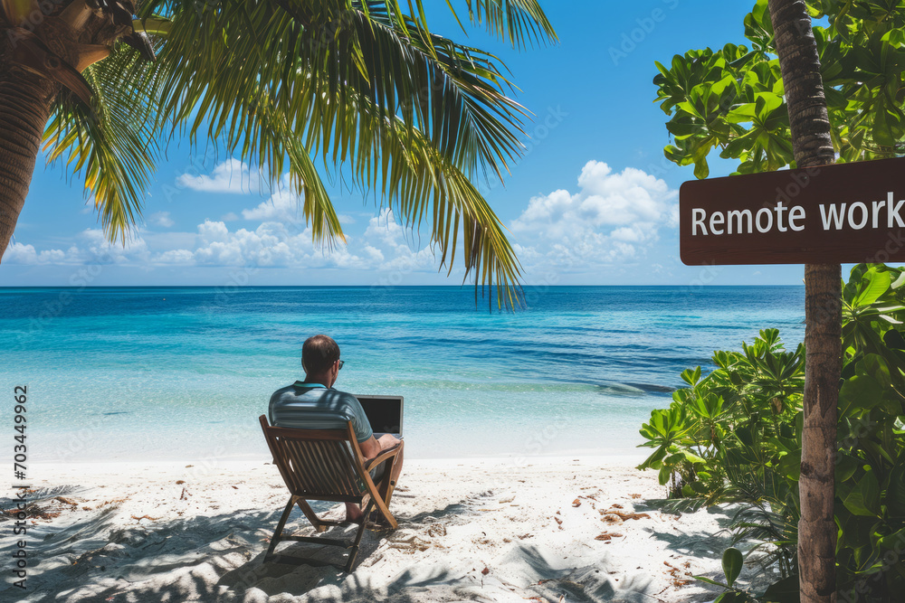 Remote work concept image with a man working from the beach on his laptop computer and sign with written words remote work - obrazy, fototapety, plakaty 