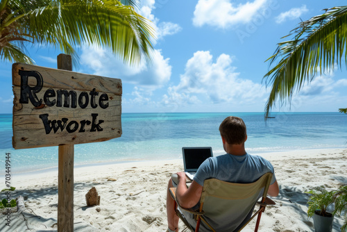 Remote work concept image with a man working from the beach on his laptop computer and sign with written words remote work photo