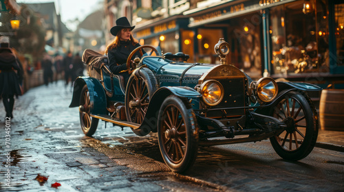 Steampunk vintage car being driven by a steampunk woman dressed in steampunk attire costume photo