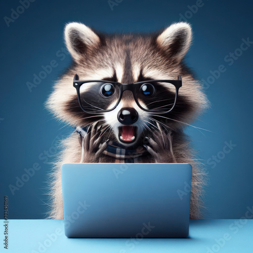 A raccoon with glasses and a surprised look on her face is looking at a laptop on solid color background. ai generative