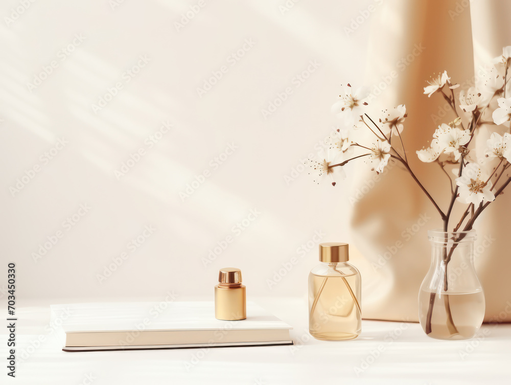 Elegant cosmetic table setup, material for displaying beauty products, luxurious background Elegant cosmetic table setup, material for displaying beauty products, luxurious background