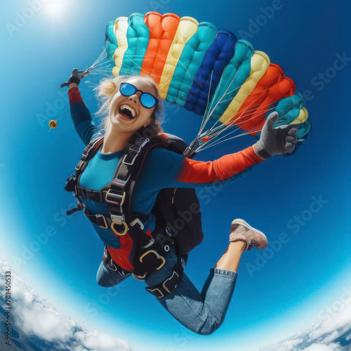 positive happy girl small parachutist in free fall blue sky. ai generative