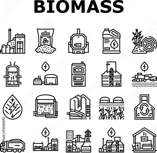 biomass energy plant power icons set vector. green gas, solar electric, wind generator, nuclear industry, factory bio biogas wood biomass energy plant power black contour illustrations
