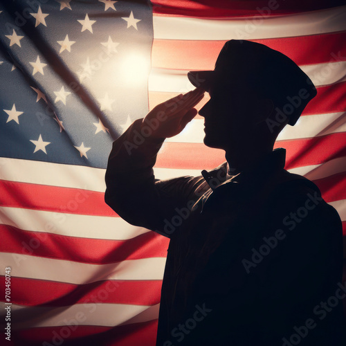 Silhouette of Soldier saluting in front of the American flag. A military veteran, and patriotism concept. ai generative