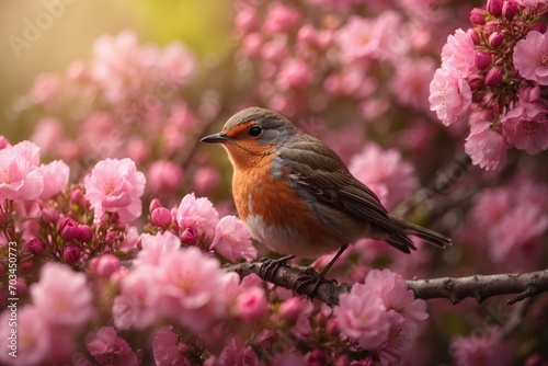 Small robin bird on pink spring flowers in a tree. ai generative © Anna