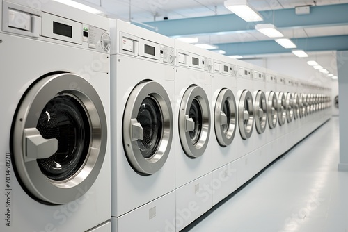 a lot of white washing machines in the laundry room , large modern industrial