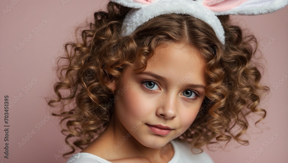 Portrait of a little girl child with curly blonde hair. A light smile and bright eyes. Rabbit ears, Easter holiday. Pink background.