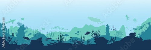 Underwater landscape with algae and fish silhouettes. Vector illustration