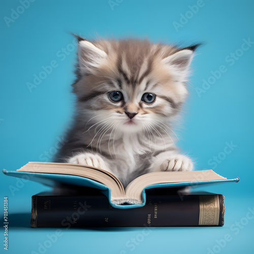 Cute small kitten reading book