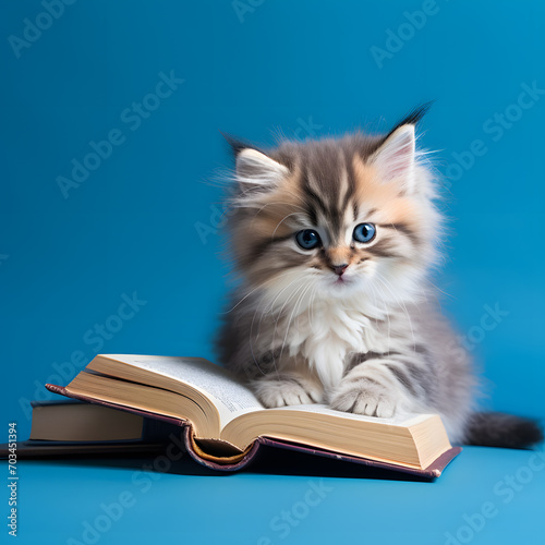 Cute small kitten reading book