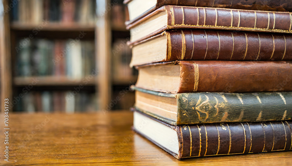 Stack of antique leather books in library. literature or reading concept, copy space Stack of antique leather books in library. literature or reading concept, copy space