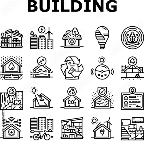 green building city eco office icons set vector. energy tree, modern esg, nature friendly, architecture carbon, business, corporate green building city eco office black contour illustrations
