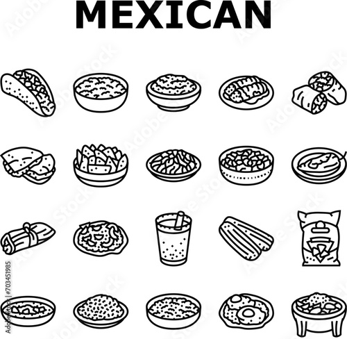 mexican cuisine food dinner icons set vector. taco mexico, table restaurant, dish tortilla, party view, gourmet salad, hot kitchen mexican cuisine food dinner black contour illustrations