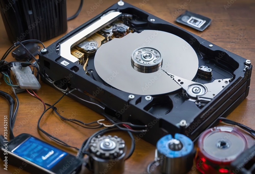 The abstract image of inside of hard disk drive on the technician's desk and a computer motherboard as a component. the concept of data, hardware, and information technology. The abstract image of inside of hard disk drive on the technician's desk and a computer motherboard as a component. the concept of data, hardware, and information technology.