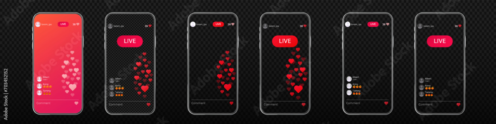 Online live video broadcast with heart like interface. Live mobile stream - obrazy, fototapety, plakaty 