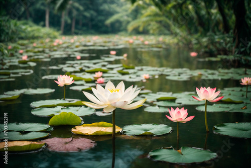 Beautiful landscape with a quiet lake backwater with lilies, evening idyll, generated by AI