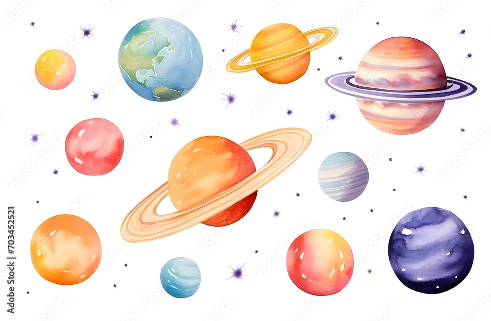 Hand drawn colorful watercolor space set of planet