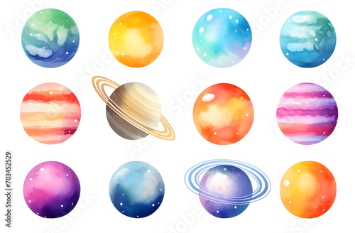 Hand drawn colorful watercolor space set of planet photo