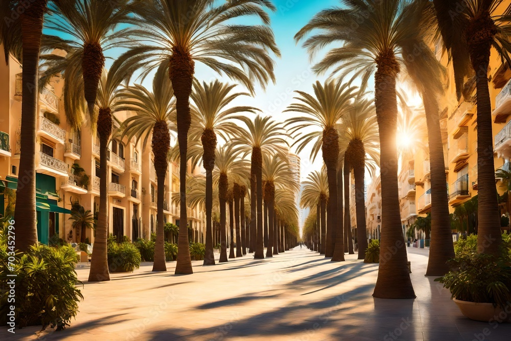 trees at sunset,Sunny promenade with palms in Alicante city, Spain