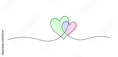 Continuous line drawing of two hearts icon with watercolor spots. Holiday card, romantic, wedding design elements. Symbol of love.