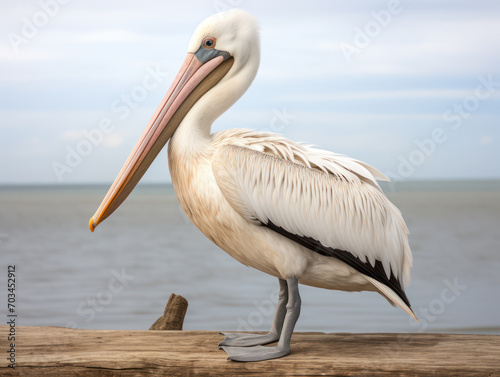Pelican standing on a rock beside the sea