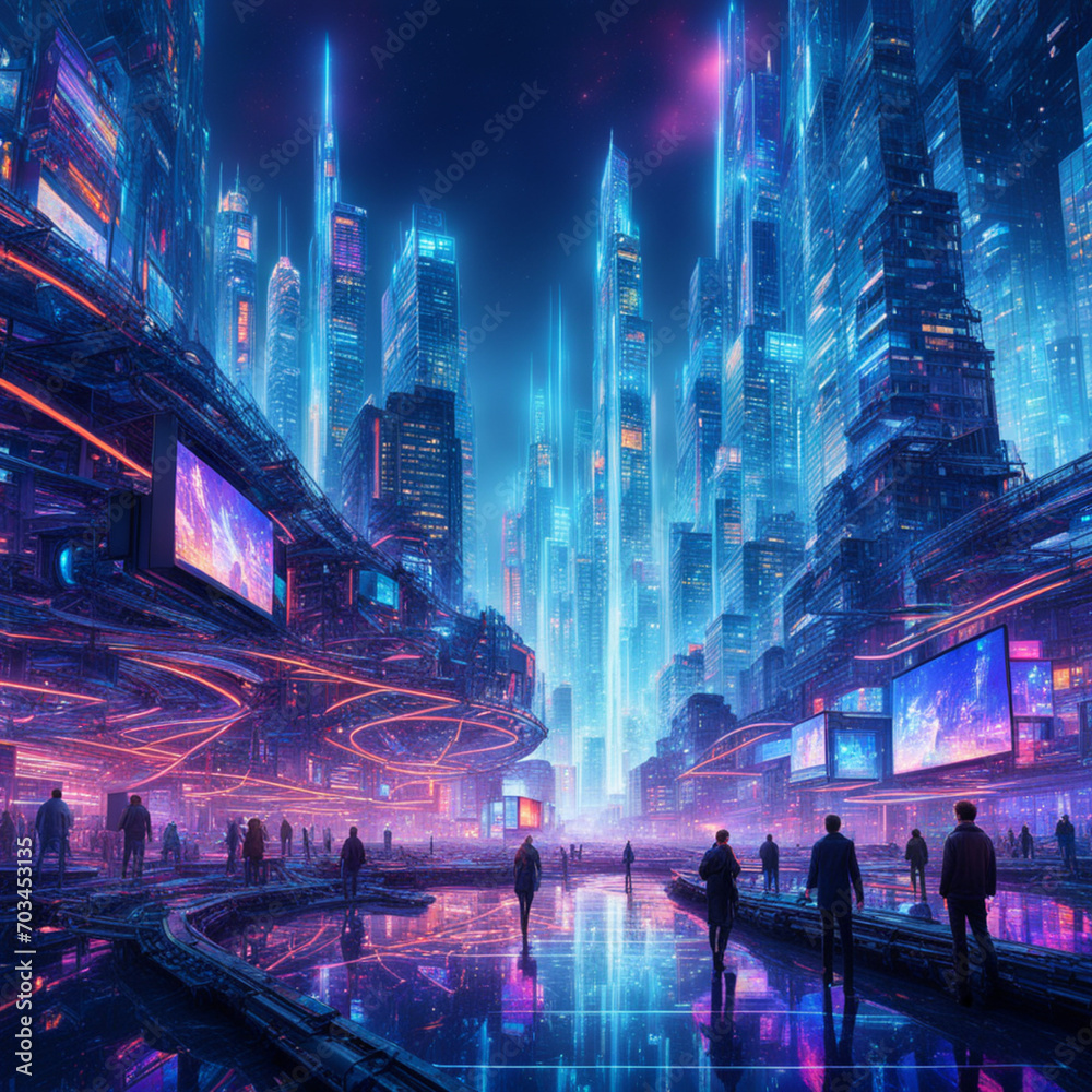 High-tech digital space with a blue color palette, holographic projections of futuristic cityscapes, 16:9, digital art, sci-fi, vibrant color, backlighting, wide angle, maximalism, chaotic composition