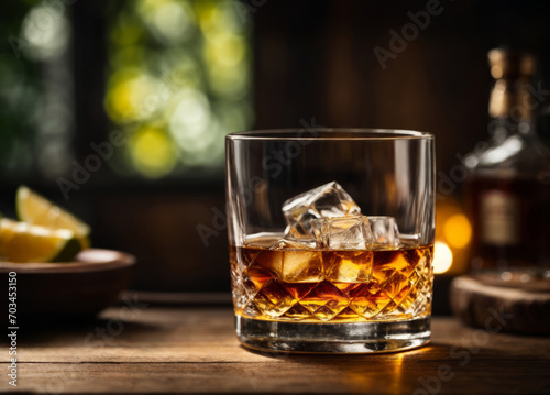 Glass of whiskey with ice cubes on bar counter
