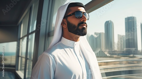 Arab businessman in Dubai, one color background, copy space with generative ai